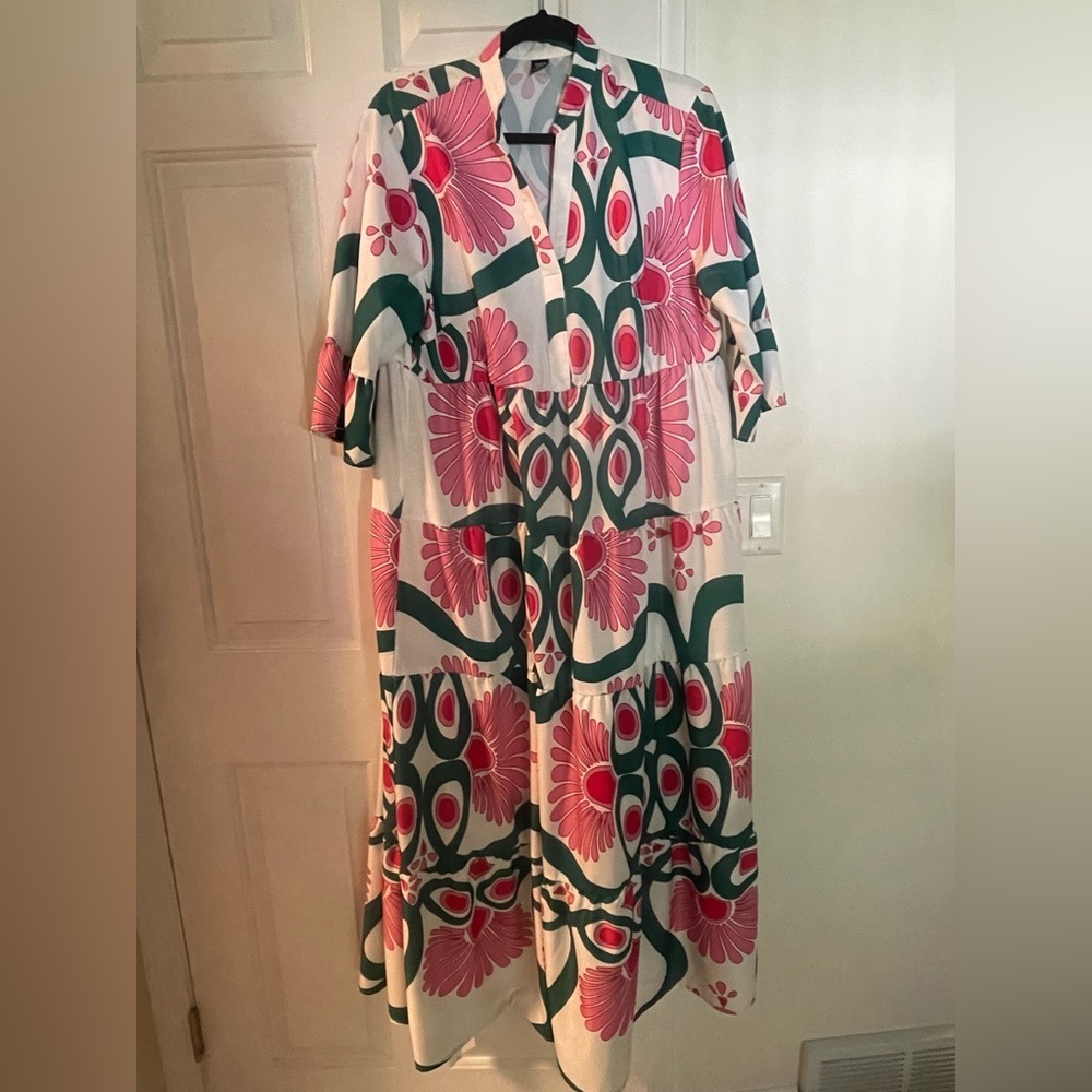 SHEIN Pink and Green Geometric Maxi Dress